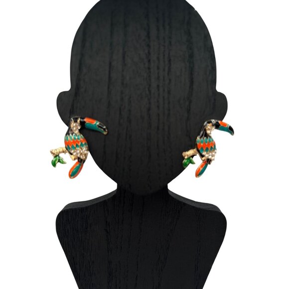 2/$24 Toucan Bird Crystal & Enamel Stud Earrings Gold-Tone Vibrant Multicolor - Picture 4 of 8